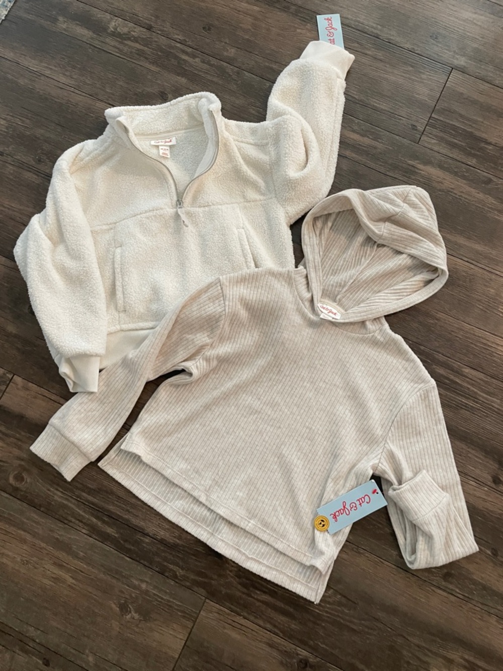 Cat & Jack Cream Sherpa Pullover & Beige Ribbed Hoodie - Kids Tops set bundle 2